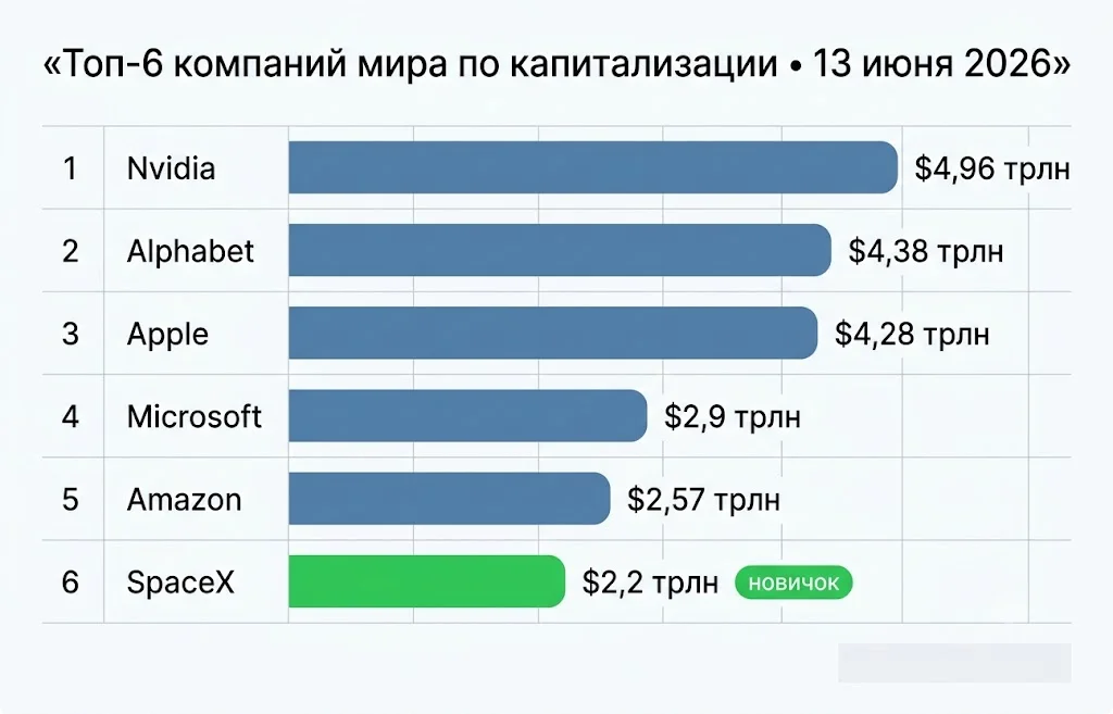 SpaceX после IPO: +19% за день и капитализация $2,2 трлн 5 Рейтинг публичных компаний мира по капитализации
