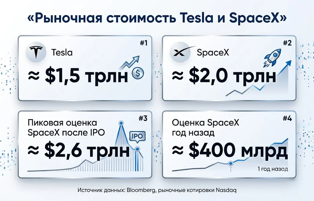 Рыночная стоимость tesla и spacex