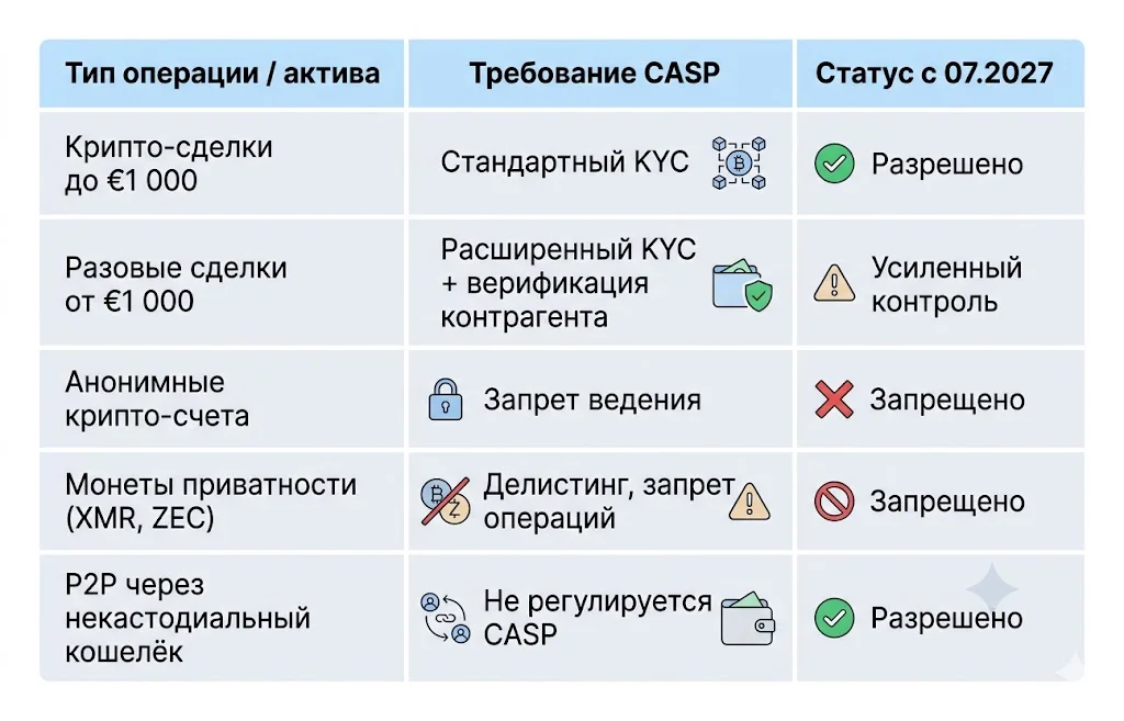 ЕС запрещает анонимные крипто-счета: что изменится в AML 2027? 2 Сравнение обязательств для casp по типу операций