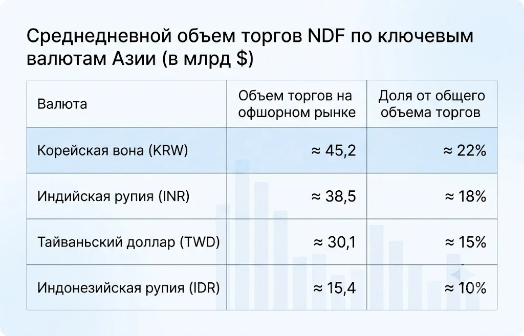 Среднедневной объем торгов ndf по ключевым валютам азии (в млрд $)