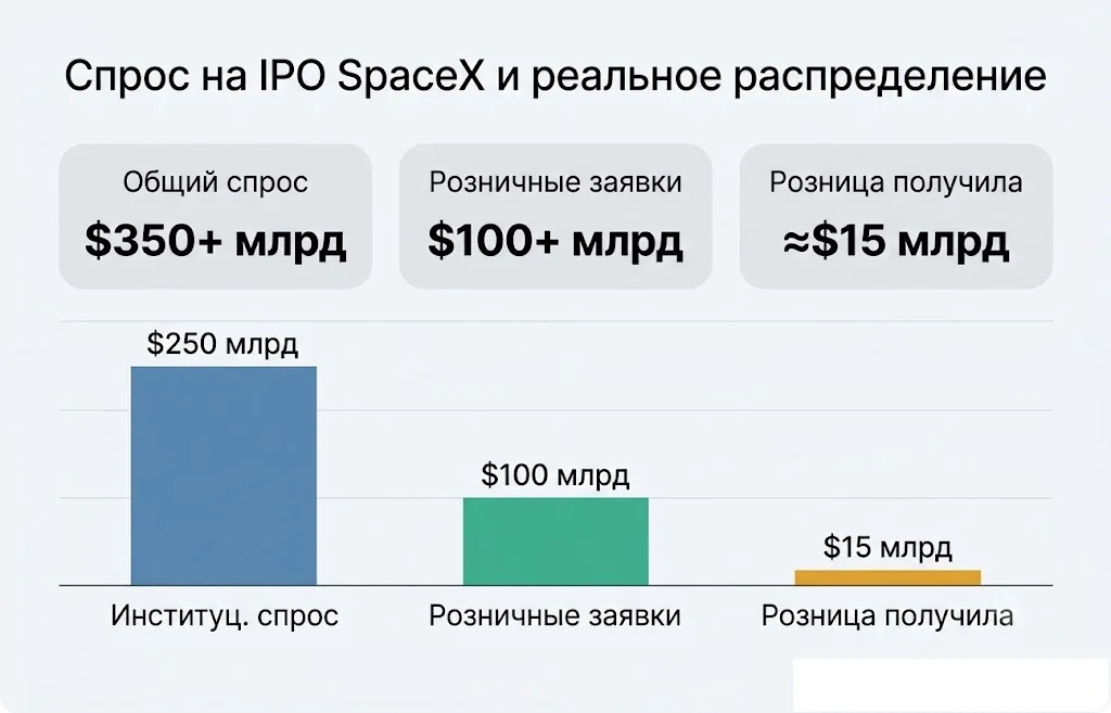 SpaceX после IPO: +19% за день и капитализация $2,2 трлн 3 Структура спроса заявки vs реальное распределение