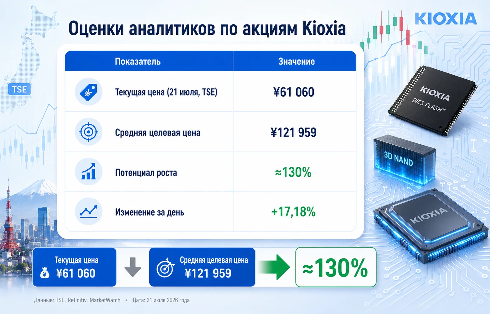 Акции Kioxia рухнули, но аналитики ждут рост более чем на 130%