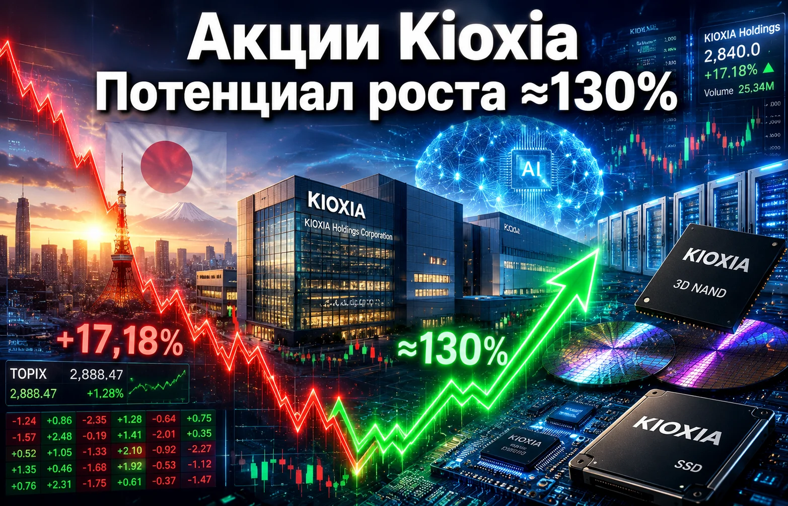Акции Kioxia рухнули, но аналитики ждут рост более чем на 130%