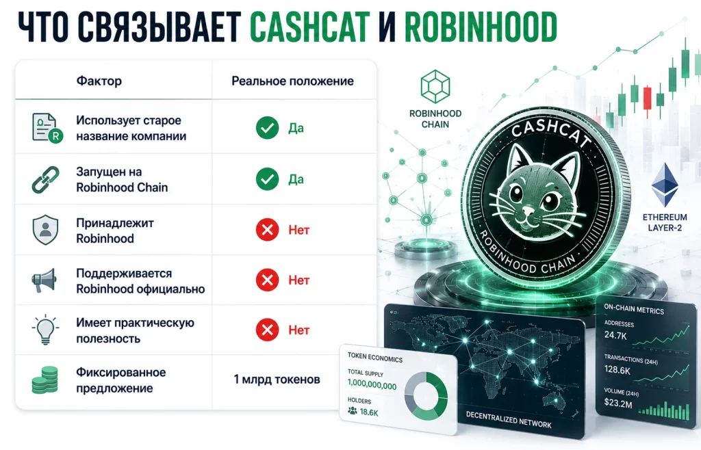 Мемкоин CASHCAT взорвал Robinhood Chain: что происходит? 2 Что связывает cashcat и robinhood