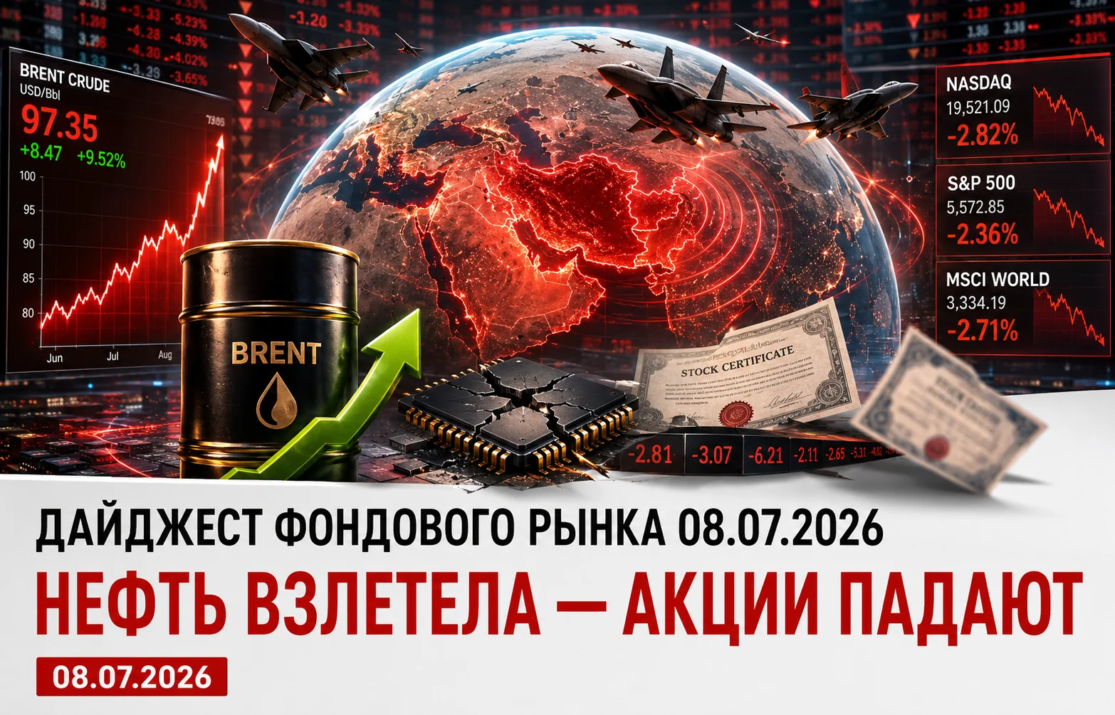 Дайджест фондового рынка за 08.07.2026: нефть взлетела, акции падают