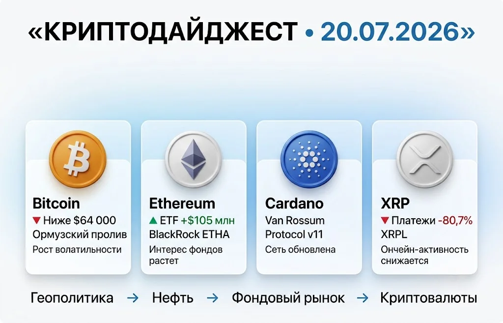 Дайджест криптоновостей за 20.07.2026: BTC падает, ETH удивляет ETF