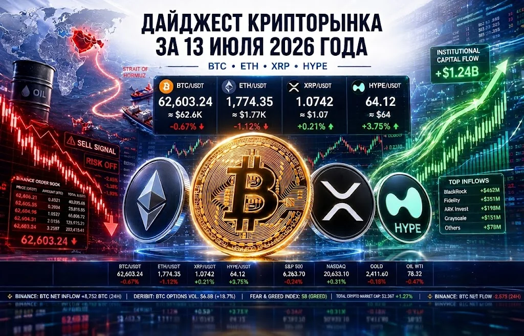 Дайджест криптовалютного рынка за 13.07.2026: обзор BTC, ETH, XRP и HYPE