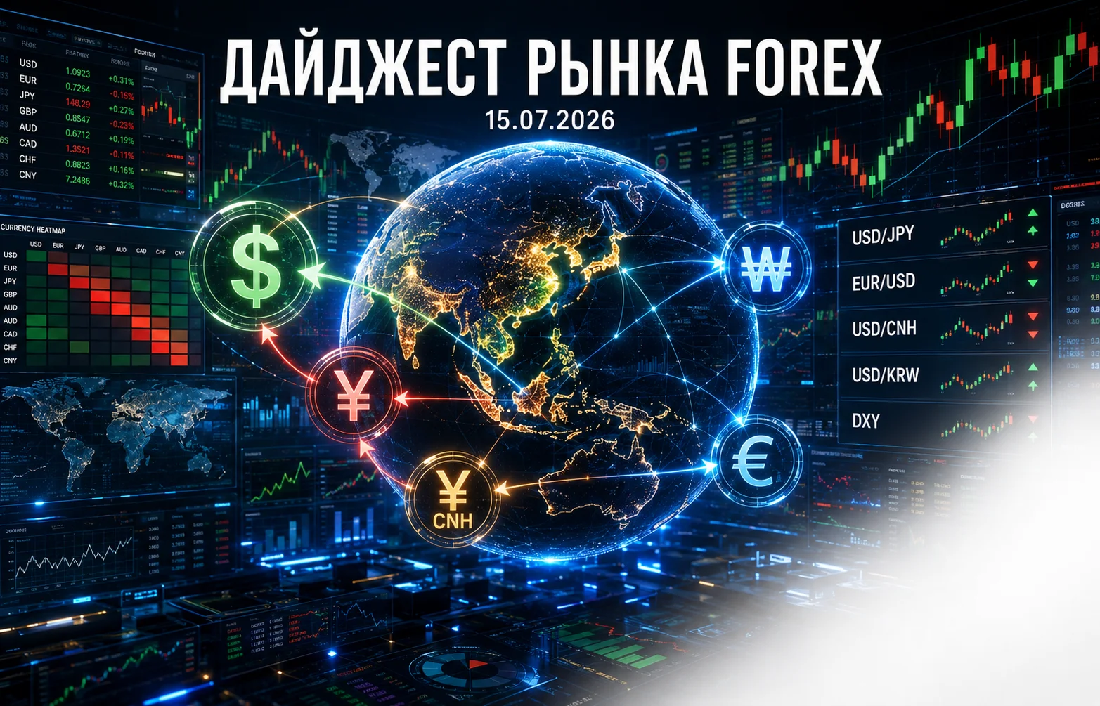Дайджест рынка Forex за 15.07.2026: USD/JPY, USD/CNH и DXY в центре внимания