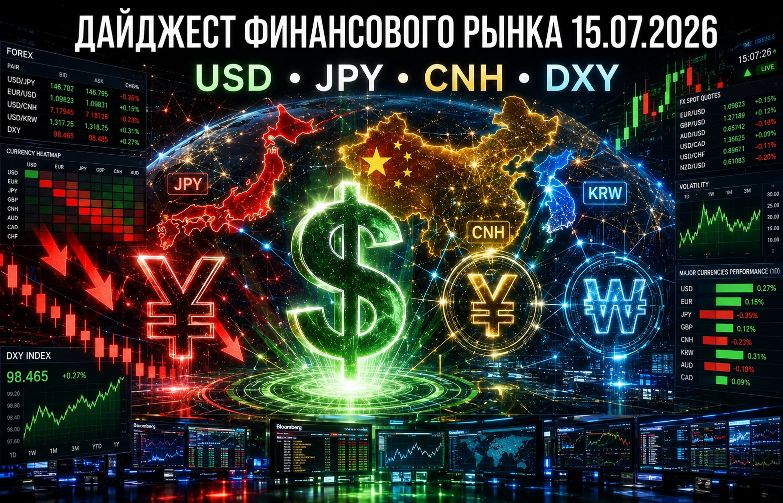 Дайджест рынка Forex за 15.07.2026: USD/JPY, USD/CNH и DXY в центре внимания