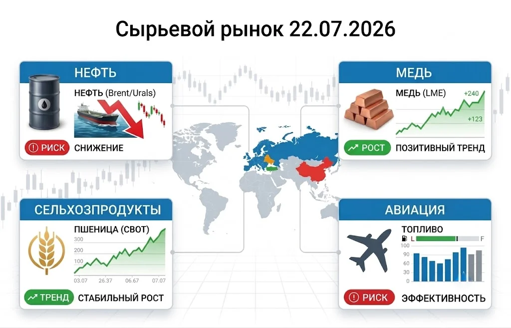 Дайджест сырьевого рынка за 22.07.2026: нефть, медь, зерно