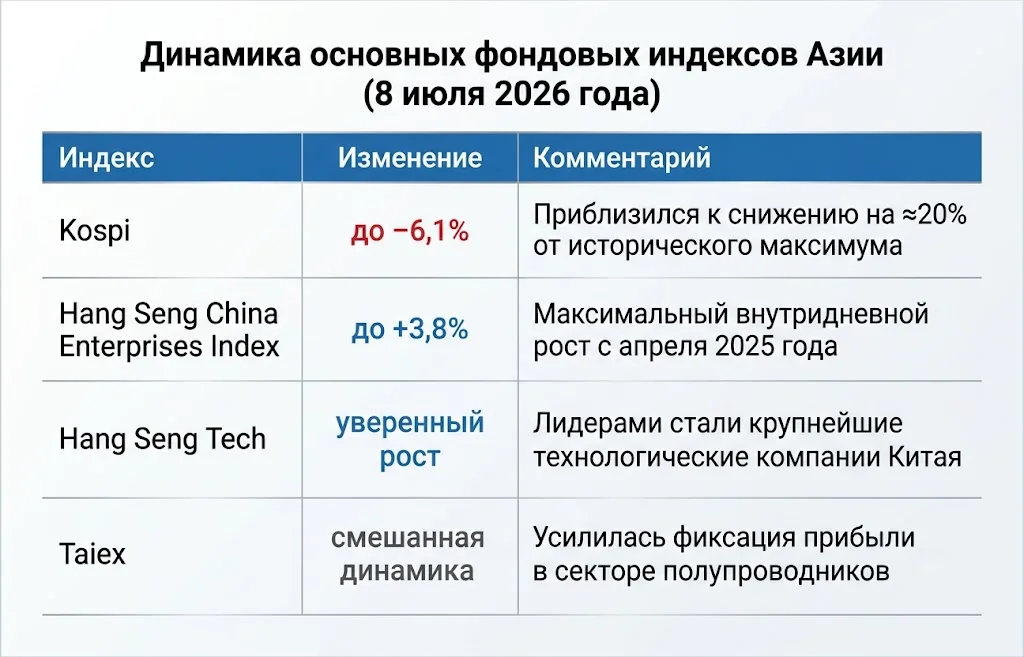 Kospi рухнул, а Hang Seng растет: что происходит в Азии? 1 Динамика основных фондовых индексов азии (8 июля 2026 года)