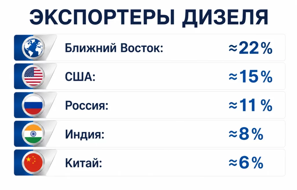 Запрет на экспорт дизеля из России встряхнул мировой рынок 1 Доли крупнейших мировых экспортеров дизельного топлива до кризиса