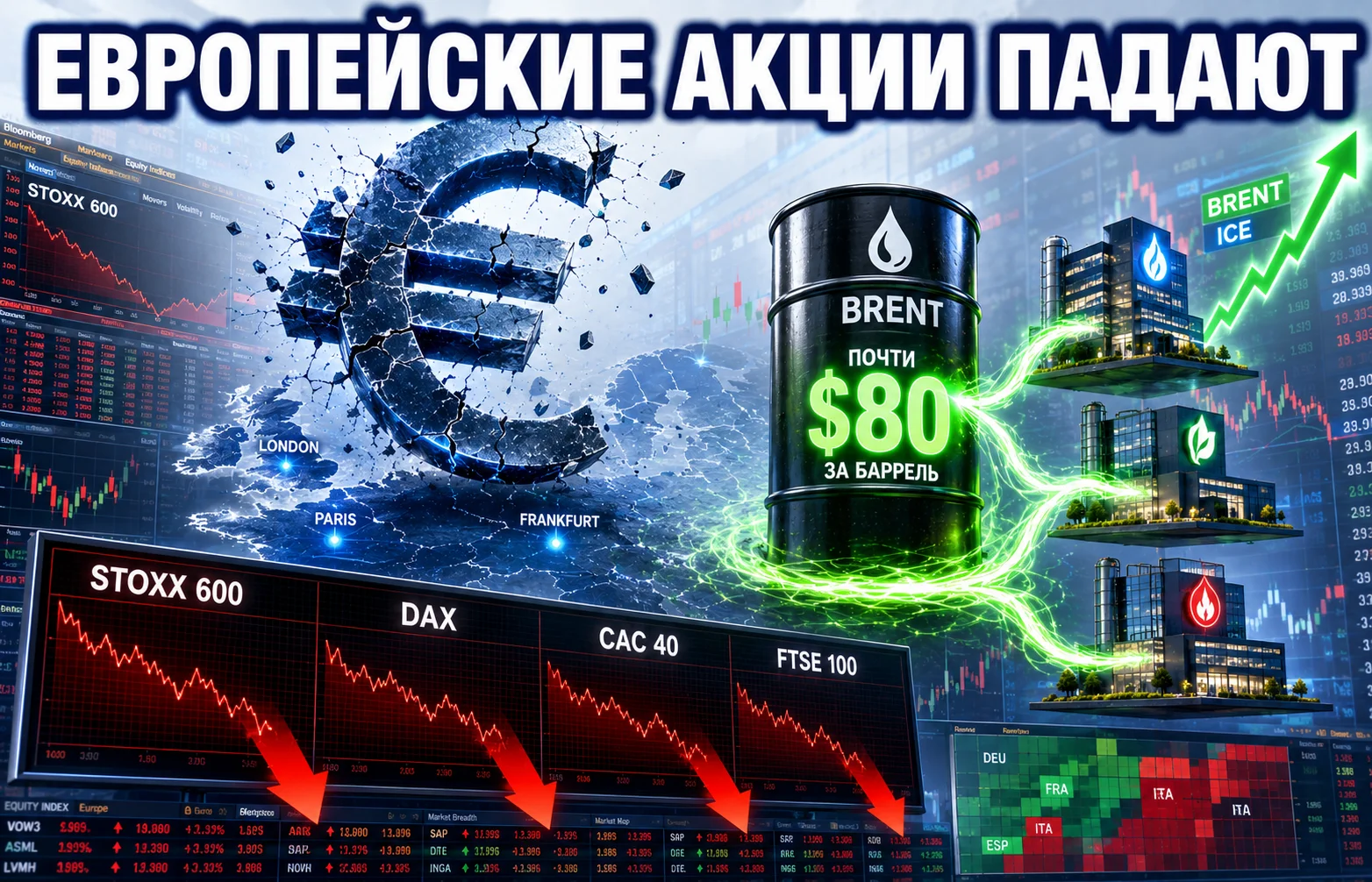 Европейские акции ушли в минус из-за скачка нефти