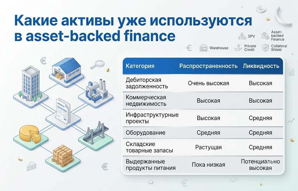 Кредит под залог сыра: Италия открыла новый рынок финансирования 3 Какие активы уже используются в asset backed finance