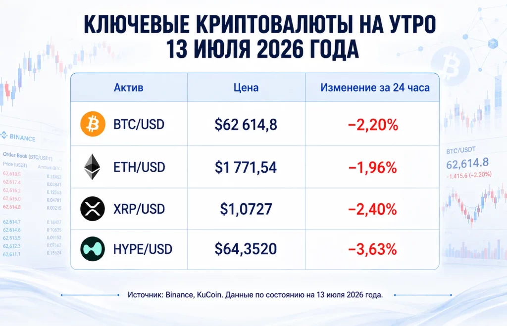 Дайджест криптовалютного рынка за 13.07.2026: обзор BTC, ETH, XRP и HYPE 1 Ключевые криптовалюты на утро 13 июля 2026 года
