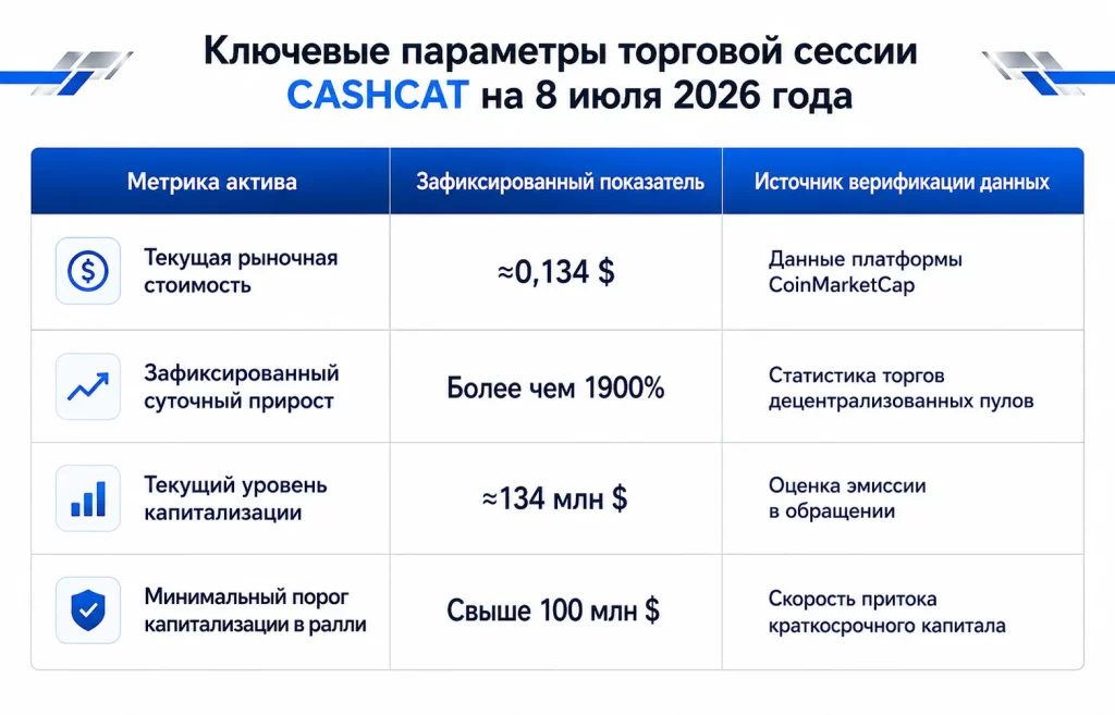 Ключевые параметры торговой сессии cashcat на 8 июля 2026 года