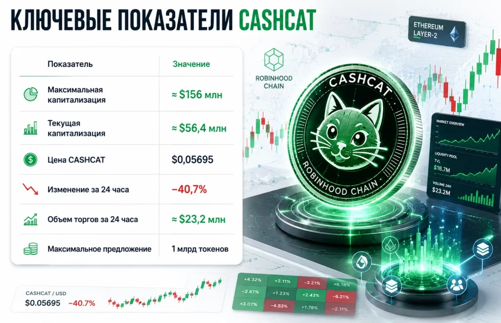 Мемкоин CASHCAT взорвал Robinhood Chain: что происходит? 1 Ключевые показатели cashcat