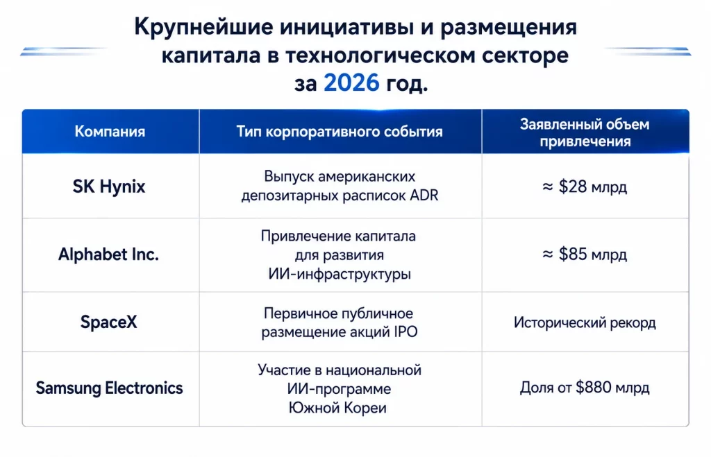 SK Hynix выходит на Nasdaq: размещение на $28 млрд стартовало 1 Крупнейшие инициативы и размещения капитала в технологическом секторе за 2026 год