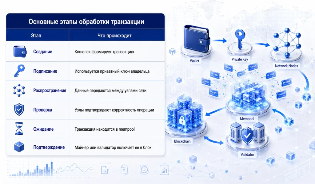 Мифы о криптовалютах: 7 домыслов из-за которых новички теряют деньги 2 Основные этапы обработки транзакции