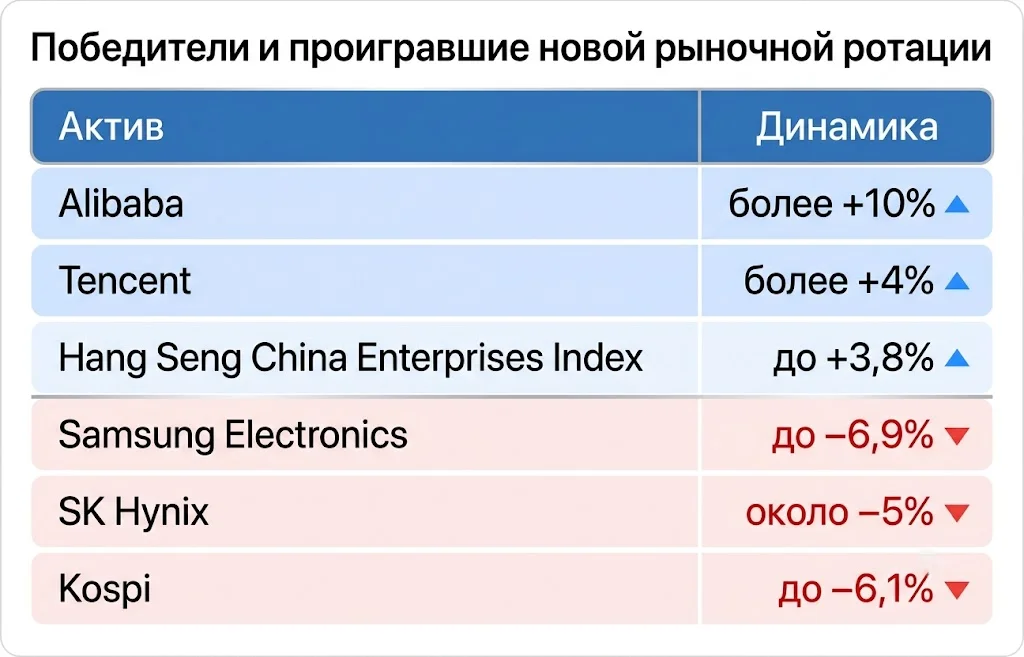 Kospi рухнул, а Hang Seng растет: что происходит в Азии? 2 Победители и проигравшие новой рыночной ротации