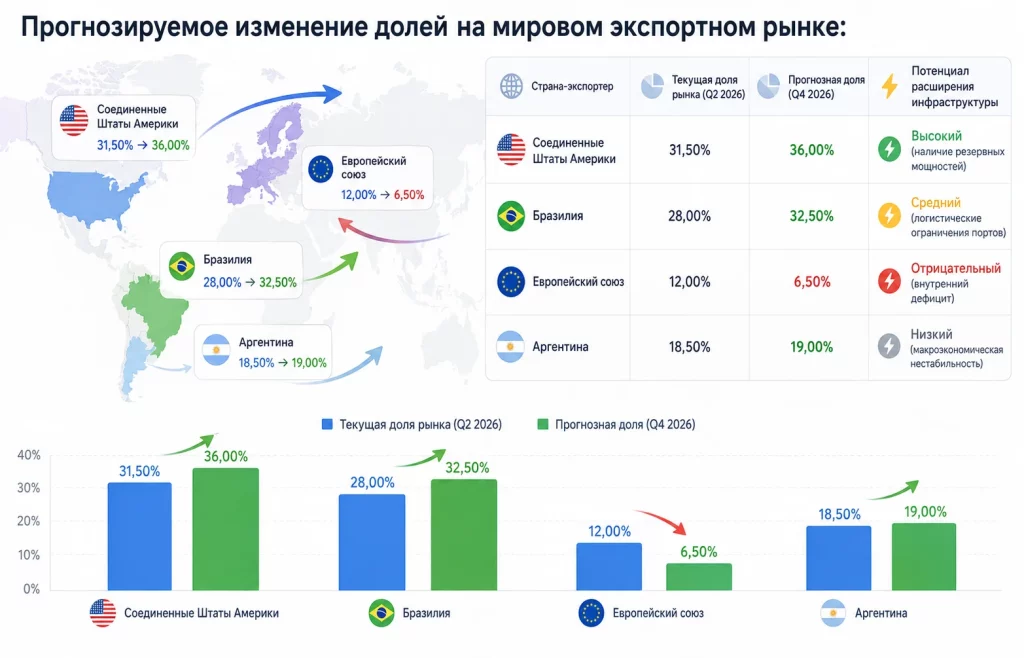 Засуха в ЕС: фьючерсы на кукурузу стремятся вверх 3 Прогнозируемое изменение долей на мировом экспортном рынке