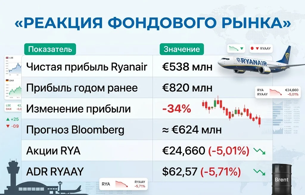Ryanair теряет прибыль: рост цен на нефть ударил по авиаперевозкам 1 Реакция фондового рынка