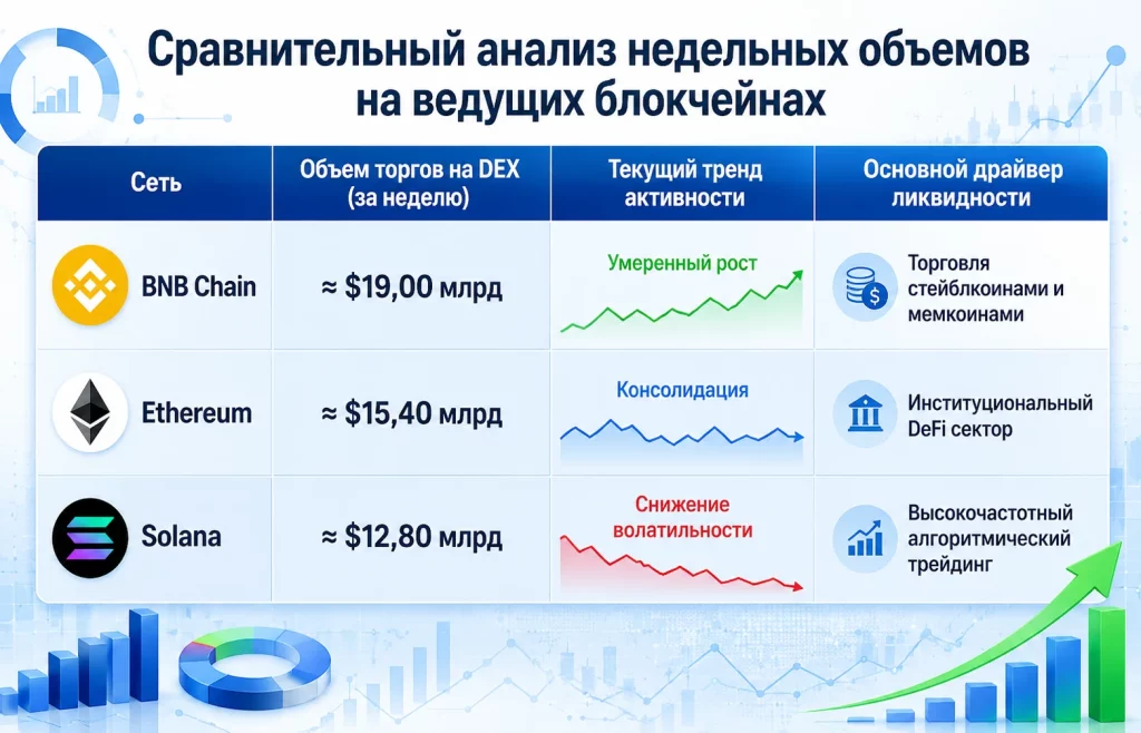 Цена BNB готовится к пробою: сеть лидирует по объему торгов на DEX 1 Сравнительный анализ недельных объемов на ведущих блокчейнах