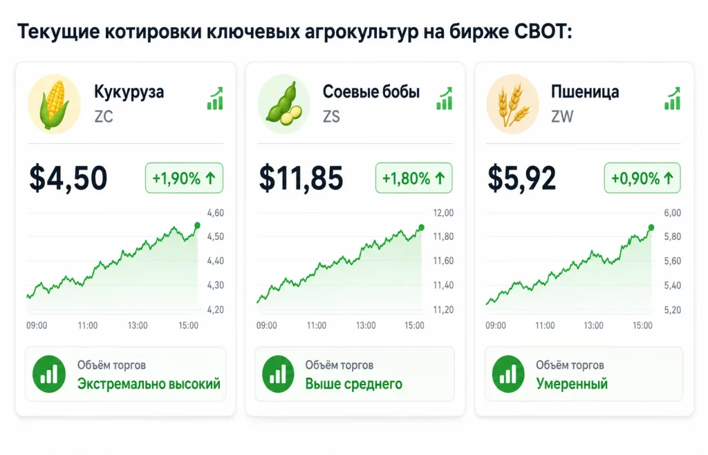 Засуха в ЕС: фьючерсы на кукурузу стремятся вверх 2 Текущие котировки ключевых агрокультур на бирже cbot