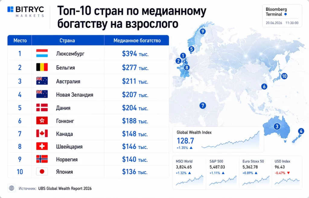 Топ 10 стран по медианному богатству на взрослого