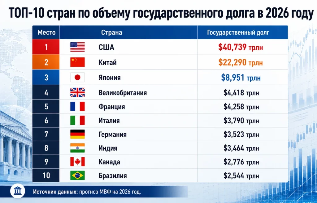 Топ 10 стран по объему государственного долга в 2026 году