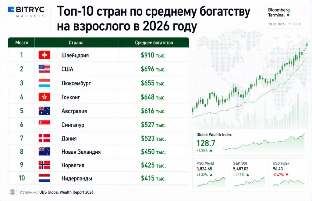 Топ 10 стран по среднему богатству на взрослого в 2026 году