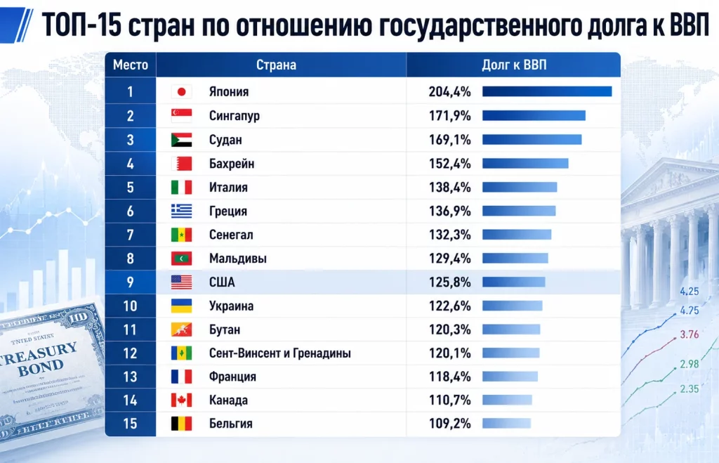 Топ 15 стран по отношению государственного долга к ввп