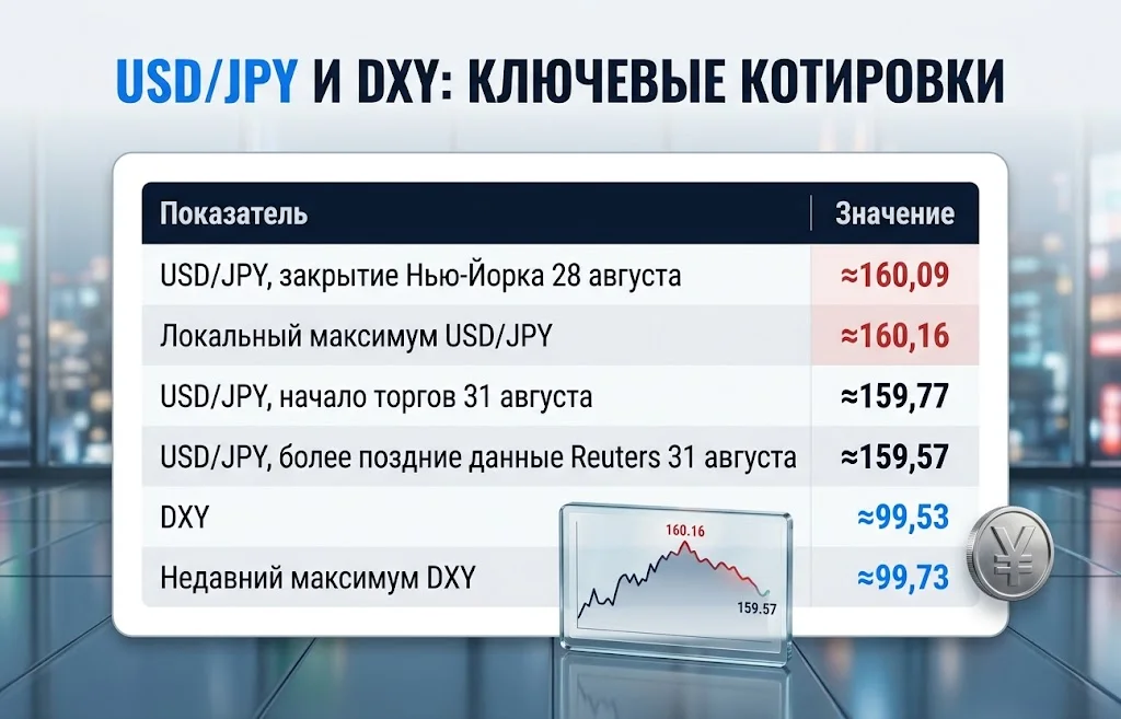 Таблица котировок USD/JPY от 159,57 до 160,16 и значений DXY