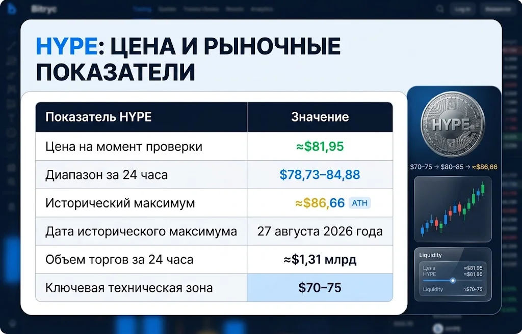 Таблица HYPE с ценой ≈$81,95, максимумом ≈$86,66 и объемом ≈$1,31 млрд