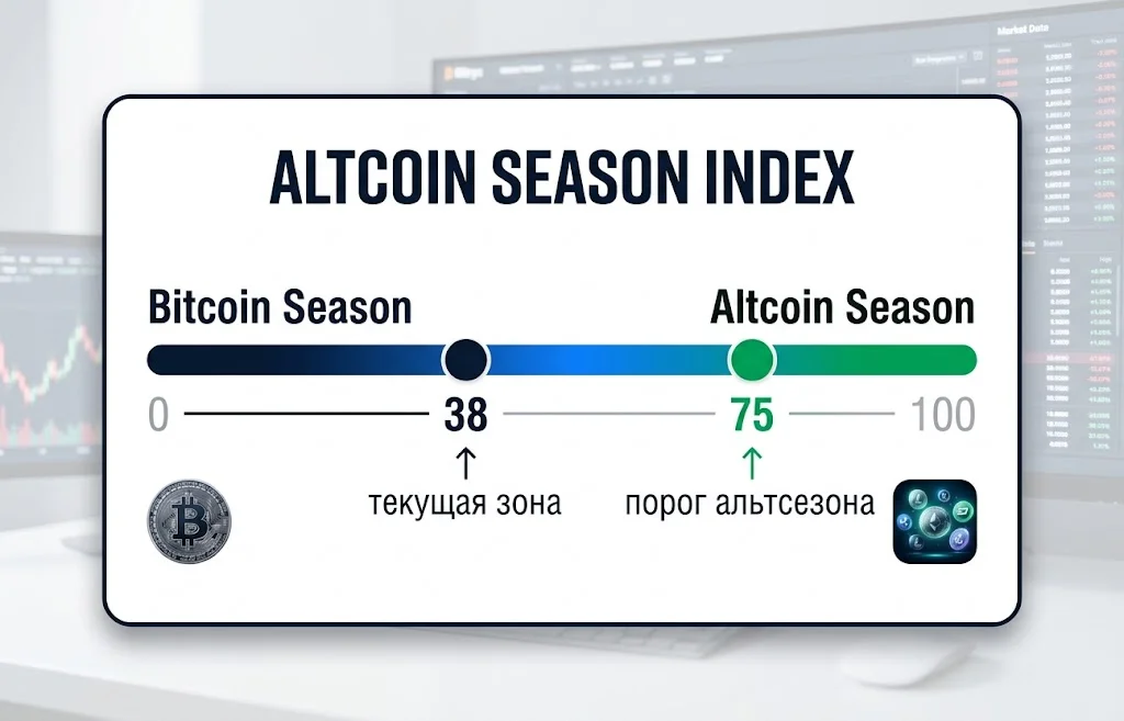 Шкала Altcoin Season Index показывает текущую зону 38 и порог 75