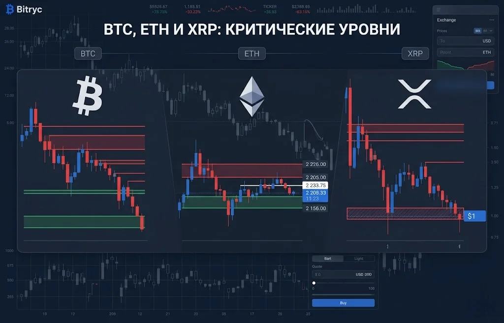 Bitcoin (BTC), Ethereum (ETH) и XRP у опасной черты