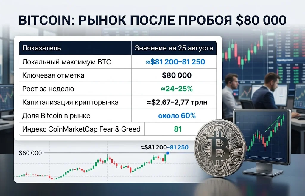 Финансовая инфографика с максимумом Bitcoin около $81 250 и ростом за неделю