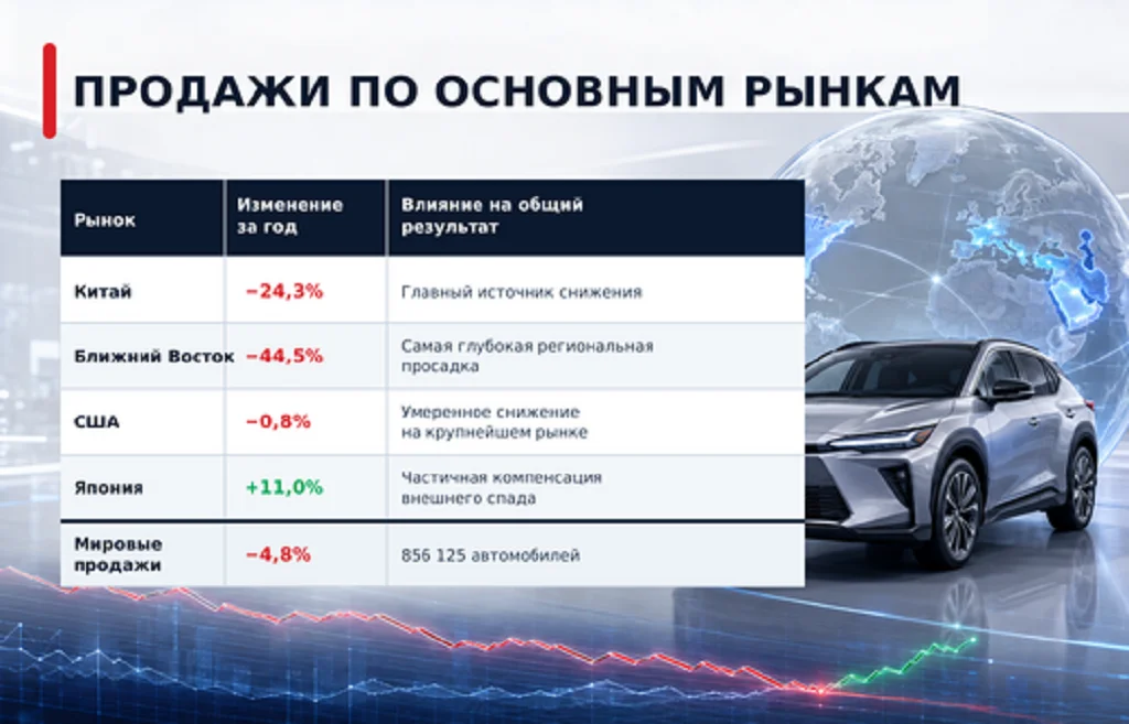 Toyota теряет Китай: продажи падают шестой месяц 1 Таблица изменения продаж в Китае, США, Японии и на Ближнем Востоке