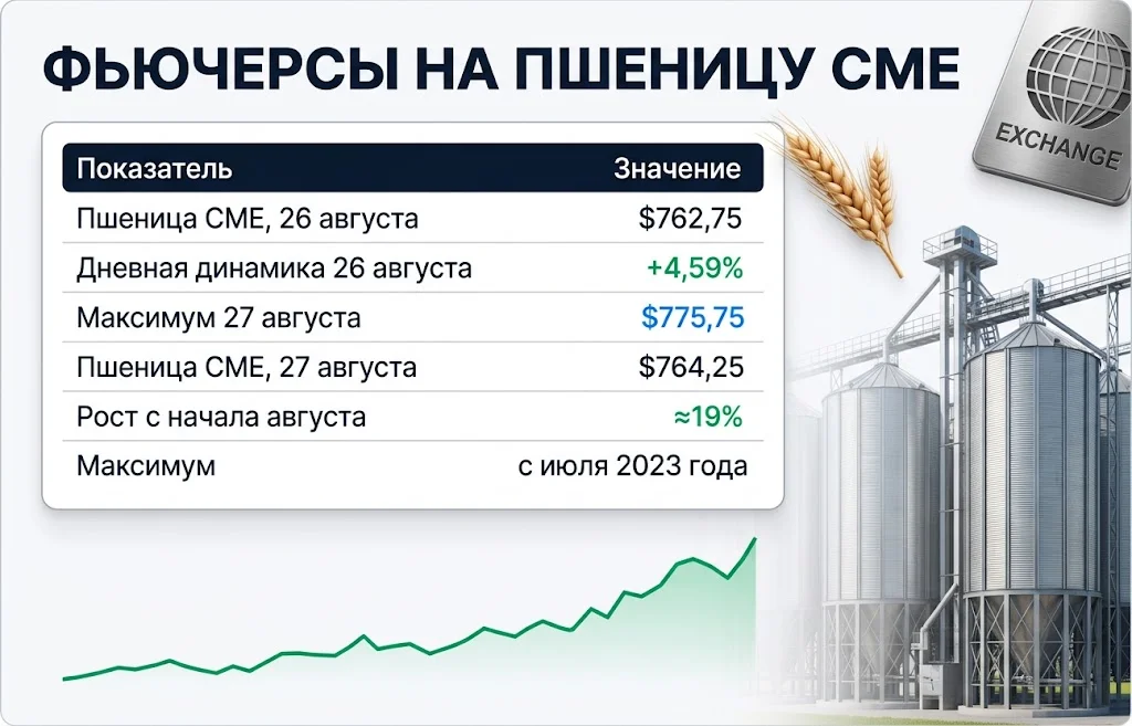 Таблица котировок пшеницы CME с ростом на 4,59% и максимумом $775,75