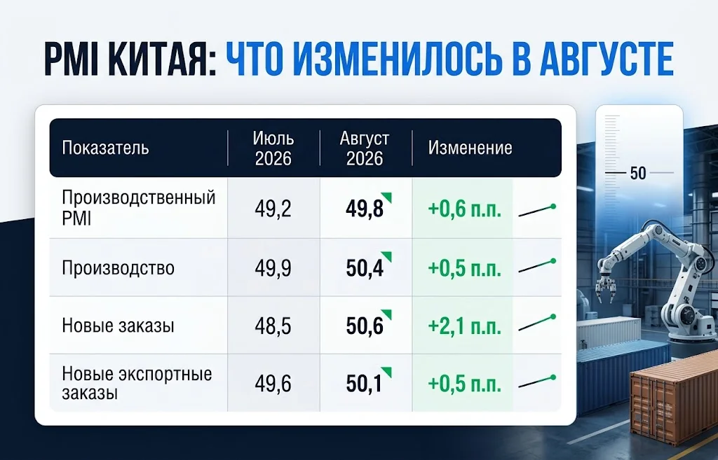 Таблица изменения PMI Китая, производства, новых и экспортных заказов в июле и августе 2026 года