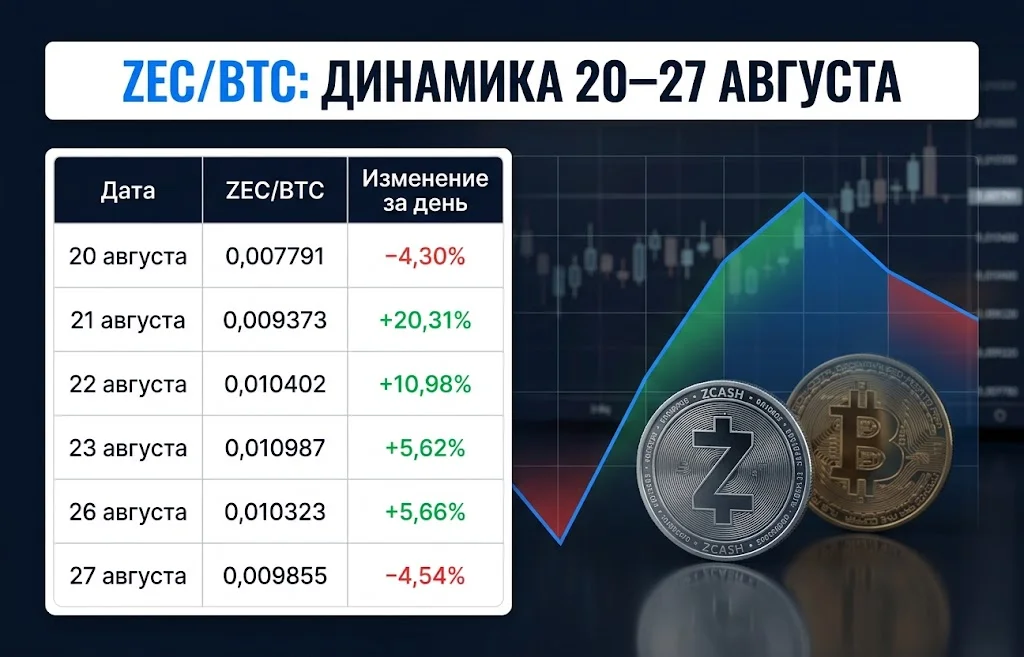 Zcash против Bitcoin: сможет ли ZEC вырасти до $8 109 4 Таблица и график показывают движение ZEC/BTC и дневные изменения с 20 по 27 августа