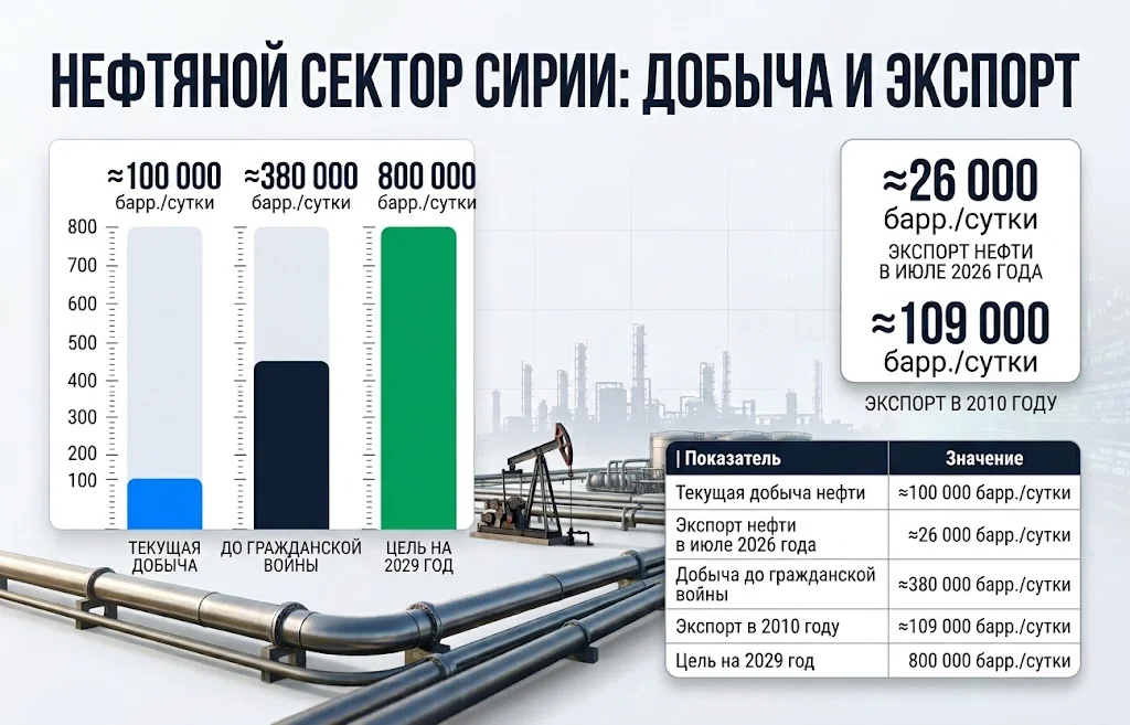 Сравнение текущей добычи нефти Сирии, экспорта 2026 года и целевого показателя