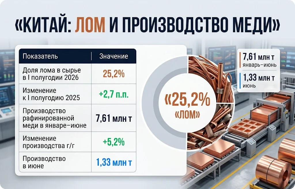 Доля лома в сырье достигла 25,2%, а выпуск рафинированной меди вырос на 5,2%
