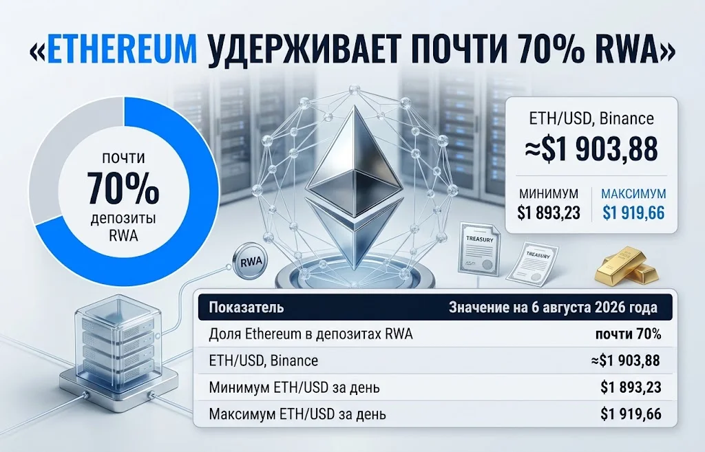 Токенизированные RWA взлетели до $7,4 млрд на спаде DeFi 2 Ethereum занимает почти 70% депозитов RWA при цене ETH около $1 903,88 на Binance