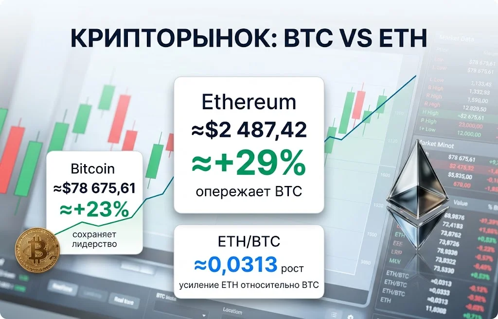 Сравнение Bitcoin и Ethereum с ростом на 23% и 29% за неделю