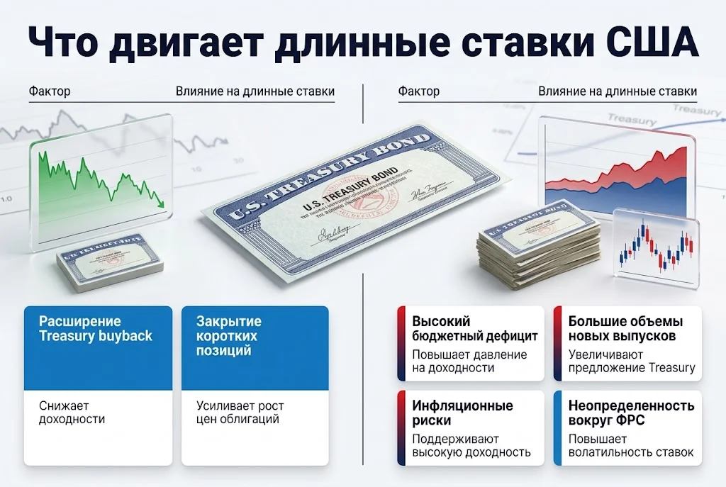 Инфографика показывает факторы снижения и роста доходности длинных американских облигаций