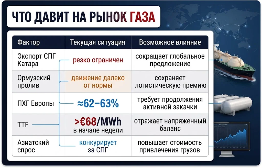 Поставки СПГ из Катара парализованы: газ снова под угрозой 3 Матрица показывает ограниченный экспорт Катара, Ормуз, ПХГ Европы, TTF и азиатский спрос