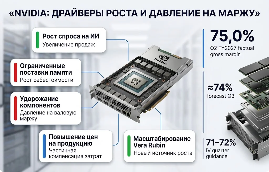 Инфографика NVIDIA с драйверами роста, стоимостью компонентов и динамикой валовой маржи