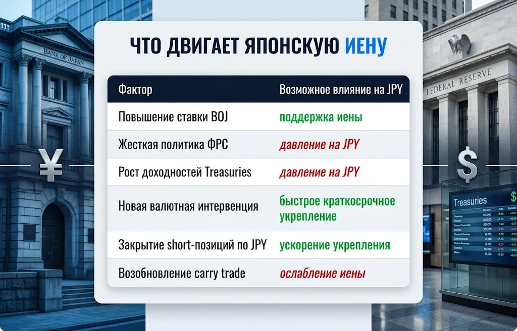 Таблица влияния ставок BOJ, политики ФРС, Treasuries, интервенций и carry trade на JPY