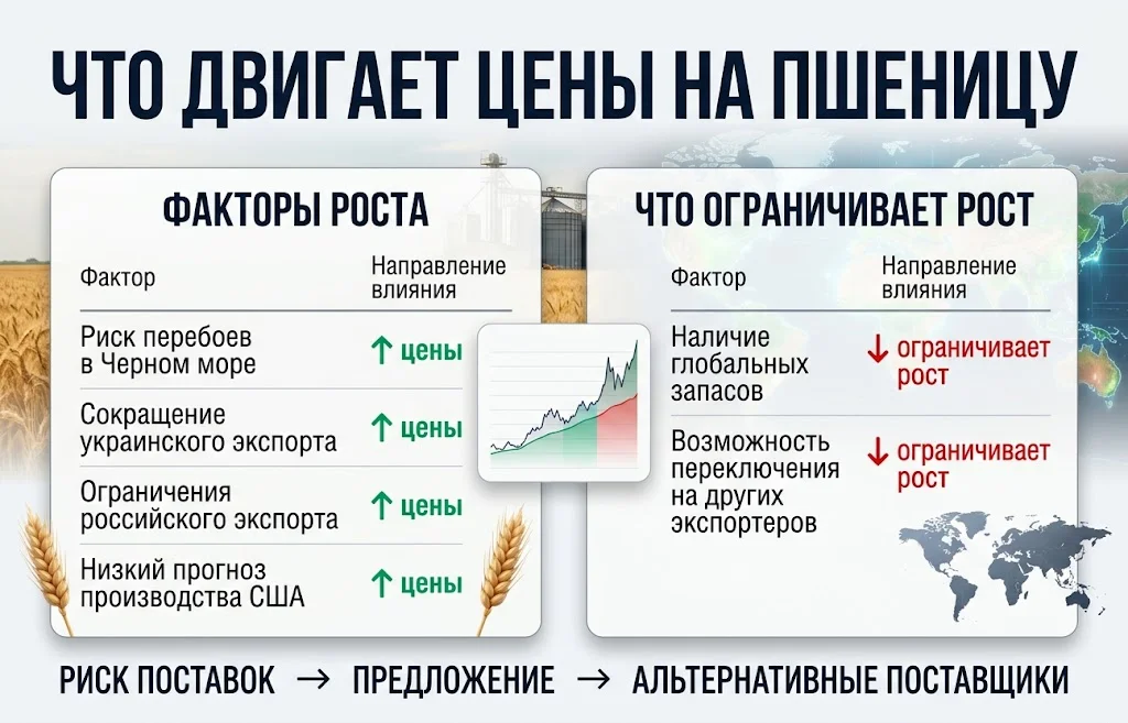 Инфографика с факторами роста цен на пшеницу и ограничителями дальнейшего повышения